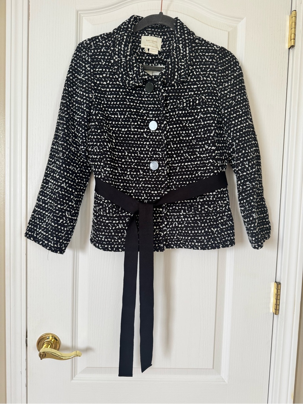 Kate Spade New York Black & White Textured Tweed Jacket Belted Size 4